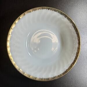 Vintage Fire King Oven Ware Gold Trimmed Milk Glass Swirl 8" Serving Bowl